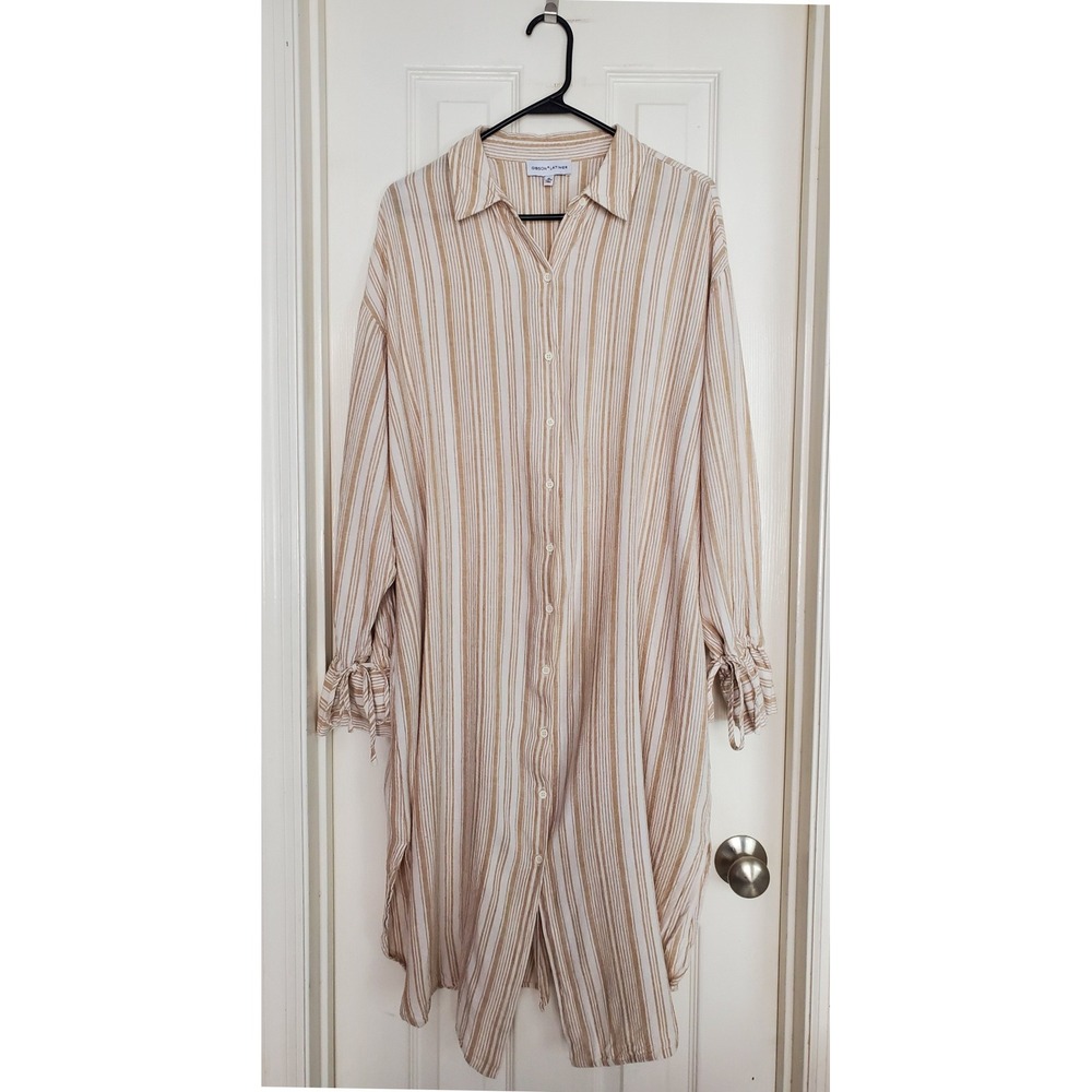 Gibson Latimer Shirt Dress Tan Stripe Linen Blend Tie Cuff Midi Casual XL